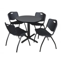 Regency TB30RNDGY47BK Cain 30" Round Breakroom Table In Grey & 4 'M' Stack Chairs In Black