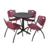 Regency TB30RNDGY47BY Cain 30" Round Breakroom Table In Grey & 4 'M' Stack Chairs In Burgundy