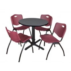 Regency TB30RNDGY47BY Cain 30" Round Breakroom Table In Grey & 4 'M' Stack Chairs In Burgundy
