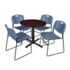 Regency TB30RNDMH44BE Cain 30" Round Breakroom Table In Mahogany & 4 Zeng Stack Chairs In Blue