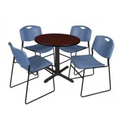 Regency TB30RNDMH44BE Cain 30" Round Breakroom Table In Mahogany & 4 Zeng Stack Chairs In Blue
