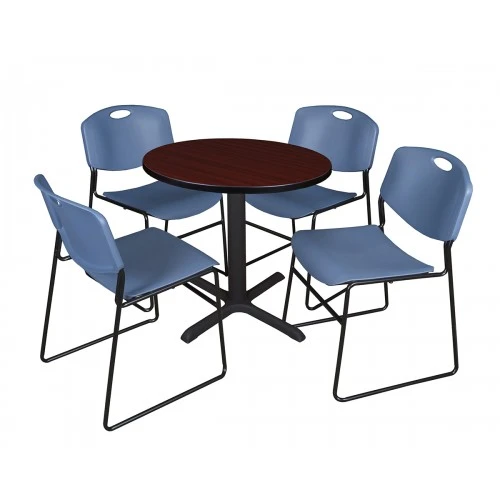 Regency TB30RNDMH44BE Cain 30" Round Breakroom Table In Mahogany & 4 Zeng Stack Chairs In Blue 1 Regency TB30RNDMH44BE Cain 30" Round Breakroom Table In Mahogany & 4 Zeng Stack Chairs In Blue