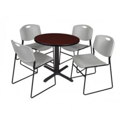 Regency TB30RNDMH44GY Cain 30" Round Breakroom Table In Mahogany & 4 Zeng Stack Chairs In Grey