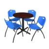 Regency TB30RNDMH47BE Cain 30" Round Breakroom Table In Mahogany & 4 'M' Stack Chairs In Blue
