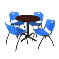 Regency TB30RNDMH47BE Cain 30" Round Breakroom Table In Mahogany & 4 'M' Stack Chairs In Blue
