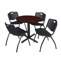 Regency TB30RNDMH47BK Cain 30" Round Breakroom Table In Mahogany & 4 'M' Stack Chairs In Black