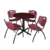 Regency TB30RNDMH47BY Cain 30" Round Breakroom Table In Mahogany & 4 'M' Stack Chairs In Burgundy