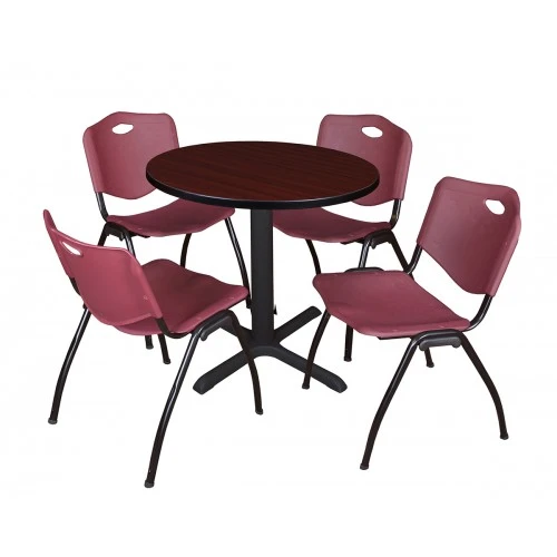 Regency TB30RNDMH47BY Cain 30" Round Breakroom Table In Mahogany & 4 'M' Stack Chairs In Burgundy 1 Regency TB30RNDMH47BY Cain 30" Round Breakroom Table In Mahogany & 4 'M' Stack Chairs In Burgundy
