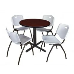 Regency TB30RNDMH47GY Cain 30" Round Breakroom Table In Mahogany & 4 'M' Stack Chairs In Grey