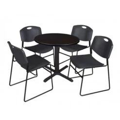 Regency TB30RNDMW44BK Cain 30" Round Breakroom Table In Mocha Walnut & 4 Zeng Stack Chairs In Black