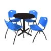 Regency TB30RNDMW47BE Cain 30" Round Breakroom Table In Mocha Walnut & 4 'M' Stack Chairs In Blue