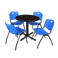 Regency TB30RNDMW47BE Cain 30" Round Breakroom Table In Mocha Walnut & 4 'M' Stack Chairs In Blue