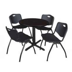 Regency TB30RNDMW47BK Cain 30" Round Breakroom Table In Mocha Walnut & 4 'M' Stack Chairs In Black
