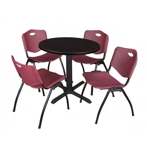 Regency TB30RNDMW47BY Cain 30" Round Breakroom Table In Mocha Walnut & 4 'M' Stack Chairs In Burgundy 1 Regency TB30RNDMW47BY Cain 30" Round Breakroom Table In Mocha Walnut & 4 'M' Stack Chairs In Burgundy