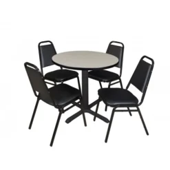 Regency TB30RNDPL29BK Cain 30" Round Breakroom Table In Maple & 4 Restaurant Stack Chairs In Black