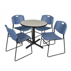 Regency TB30RNDPL44BE Cain 30" Round Breakroom Table In Maple & 4 Zeng Stack Chairs In Blue