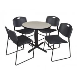 Regency TB30RNDPL44BK Cain 30" Round Breakroom Table In Maple & 4 Zeng Stack Chairs In Black