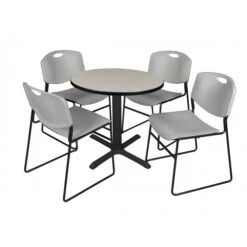 Regency TB30RNDPL44GY Cain 30" Round Breakroom Table In Maple & 4 Zeng Stack Chairs In Grey
