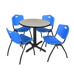 Regency TB30RNDPL47BE Cain 30" Round Breakroom Table In Maple & 4 'M' Stack Chairs In Blue