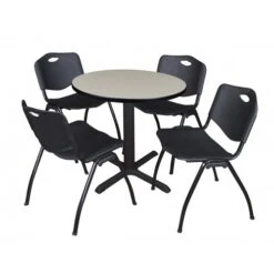Regency TB30RNDPL47BK Cain 30" Round Breakroom Table In Maple & 4 'M' Stack Chairs In Black