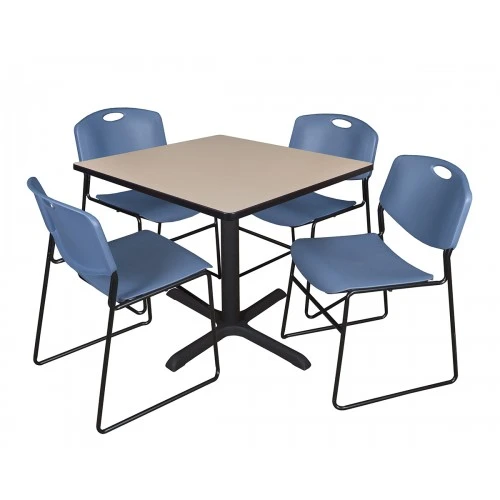 Regency TB3636BE44BE Cain 36" Square Breakroom Table In Beige & 4 Zeng Stack Chairs In Blue 1 Regency TB3636BE44BE Cain 36" Square Breakroom Table In Beige & 4 Zeng Stack Chairs In Blue
