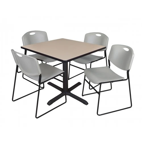 Regency TB3636BE44GY Cain 36" Square Breakroom Table In Beige & 4 Zeng Stack Chairs In Grey 1 Regency TB3636BE44GY Cain 36" Square Breakroom Table In Beige & 4 Zeng Stack Chairs In Grey