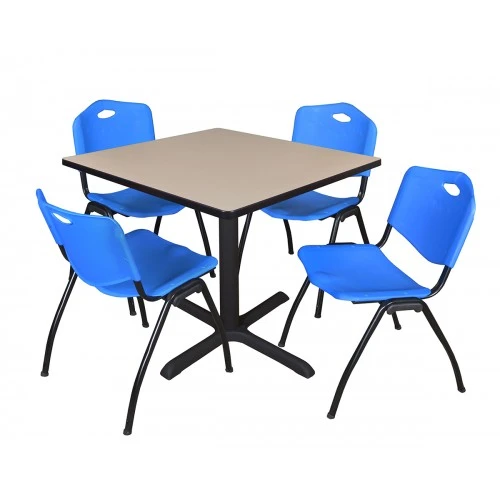Regency TB3636BE47BE Cain 36" Square Breakroom Table In Beige & 4 'M' Stack Chairs In Blue 1 Regency TB3636BE47BE Cain 36" Square Breakroom Table In Beige & 4 'M' Stack Chairs In Blue