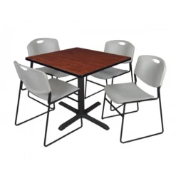 Regency TB3636CH44GY Cain 36" Square Breakroom Table In Cherry & 4 Zeng Stack Chairs In Grey