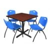 Regency TB3636CH47BE Cain 36" Square Breakroom Table In Cherry & 4 'M' Stack Chairs In Blue