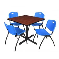 Regency TB3636CH47BE Cain 36" Square Breakroom Table In Cherry & 4 'M' Stack Chairs In Blue