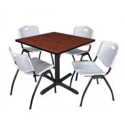 Regency TB3636CH47GY Cain 36" Square Breakroom Table In Cherry & 4 'M' Stack Chairs In Grey