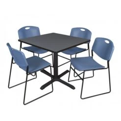 Regency TB3636GY44BE Cain 36" Square Breakroom Table In Grey & 4 Zeng Stack Chairs In Blue