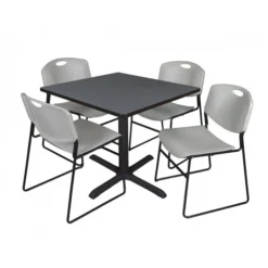 Regency TB3636GY44GY Cain 36" Square Breakroom Table In Grey & 4 Zeng Stack Chairs In Grey