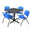 Regency TB3636GY47BE Cain 36" Square Breakroom Table In Grey & 4 'M' Stack Chairs In Blue