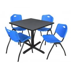Regency TB3636GY47BE Cain 36" Square Breakroom Table In Grey & 4 'M' Stack Chairs In Blue