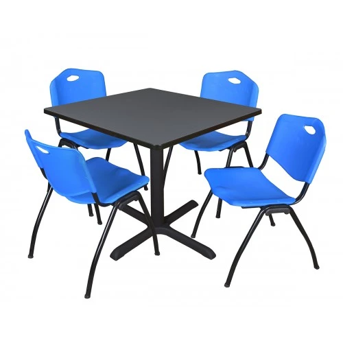 Regency TB3636GY47BE Cain 36" Square Breakroom Table In Grey & 4 'M' Stack Chairs In Blue 1 Regency TB3636GY47BE Cain 36" Square Breakroom Table In Grey & 4 'M' Stack Chairs In Blue