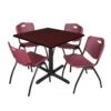 Regency TB3636MH47BY Cain 36" Square Breakroom Table In Mahogany & 4 'M' Stack Chairs In Burgundy