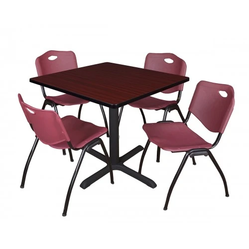 Regency TB3636MH47BY Cain 36" Square Breakroom Table In Mahogany & 4 'M' Stack Chairs In Burgundy 1 Regency TB3636MH47BY Cain 36" Square Breakroom Table In Mahogany & 4 'M' Stack Chairs In Burgundy