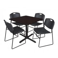 Regency TB3636MW44BK Cain 36" Square Breakroom Table In Mocha Walnut & 4 Zeng Stack Chairs In Black