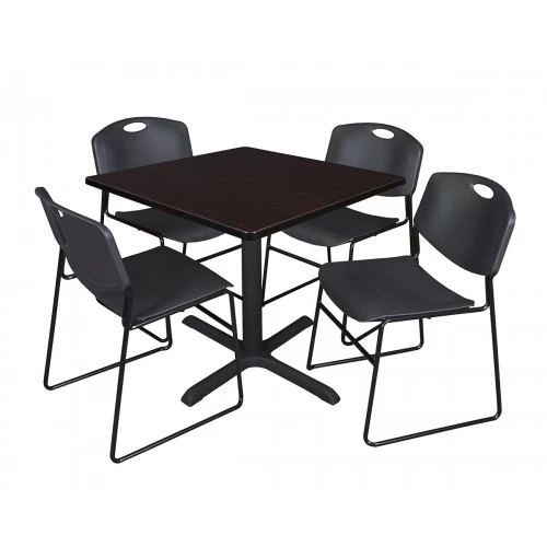 Regency TB3636MW44BK Cain 36" Square Breakroom Table In Mocha Walnut & 4 Zeng Stack Chairs In Black 1 Regency TB3636MW44BK Cain 36" Square Breakroom Table In Mocha Walnut & 4 Zeng Stack Chairs In Black