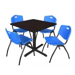 Regency TB3636MW47BE Cain 36" Square Breakroom Table In Mocha Walnut & 4 'M' Stack Chairs In Blue