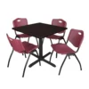 Regency TB3636MW47BY Cain 36" Square Breakroom Table In Mocha Walnut & 4 'M' Stack Chairs In Burgundy