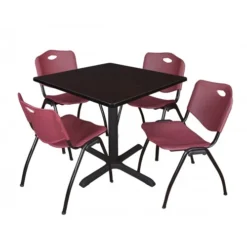 Regency TB3636MW47BY Cain 36" Square Breakroom Table In Mocha Walnut & 4 'M' Stack Chairs In Burgundy