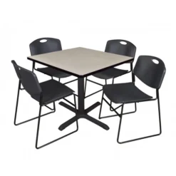 Regency TB3636PL44BK Cain 36" Square Breakroom Table In Maple & 4 Zeng Stack Chairs In Black