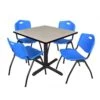 Regency TB3636PL47BE Cain 36" Square Breakroom Table In Maple & 4 'M' Stack Chairs In Blue
