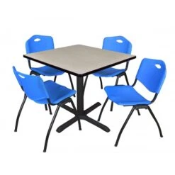 Regency TB3636PL47BE Cain 36" Square Breakroom Table In Maple & 4 'M' Stack Chairs In Blue
