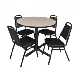Regency TB36RNDBE29BK Cain 36" Round Breakroom Table In Beige & 4 Restaurant Stack Chairs In Black