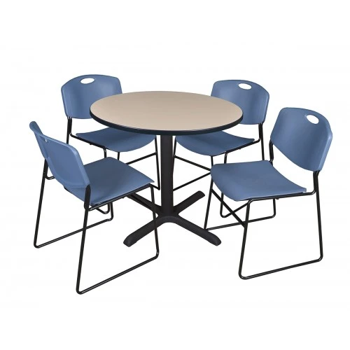 Regency TB36RNDBE44BE Cain 36" Round Breakroom Table In Beige & 4 Zeng Stack Chairs In Blue 1 Regency TB36RNDBE44BE Cain 36" Round Breakroom Table In Beige & 4 Zeng Stack Chairs In Blue