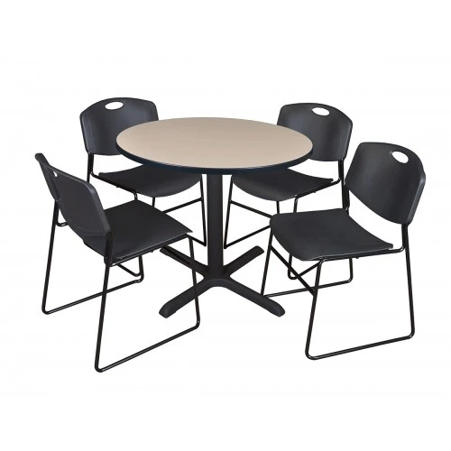 Regency TB36RNDBE44BK Cain 36" Round Breakroom Table In Beige & 4 Zeng Stack Chairs In Black 1 Regency TB36RNDBE44BK Cain 36" Round Breakroom Table In Beige & 4 Zeng Stack Chairs In Black