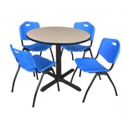 Regency TB36RNDBE47BE Cain 36" Round Breakroom Table In Beige & 4 'M' Stack Chairs In Blue